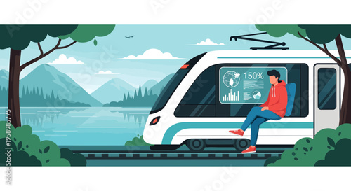 Young man sitting on modern train window looking at digital screen.