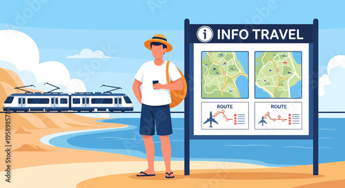 Young Man Standing at Beach Info Travel Station.
