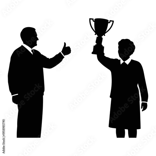 Award ceremony with a person giving a thumbs-up and another holding a trophy Vector, illustration