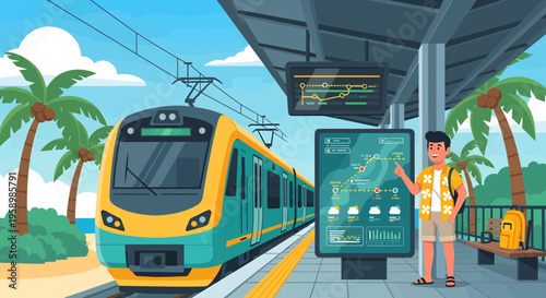 Young Man Waiting for Train at Tropical Station.