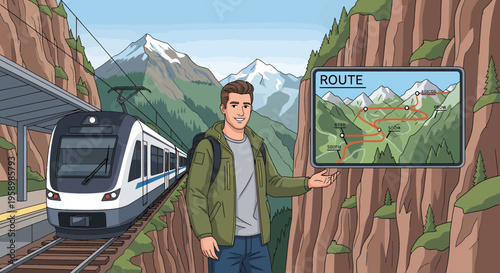 Young Man Standing Next to Train Station Route Map.