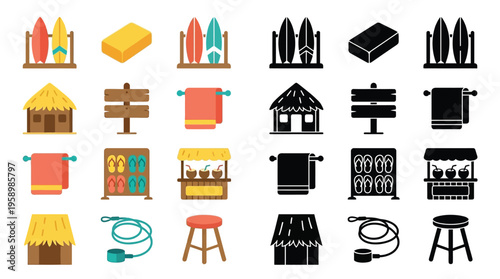 Collection of colorful and silhouette icons representing beach resort amenities and activities, including surfboards, huts, and market stalls.