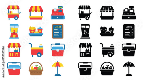 Collection of icons representing food stalls, carts, cash registers, blenders, menus, coolers, baskets, and umbrellas, illustrating various aspects of street vending and outdoor markets.