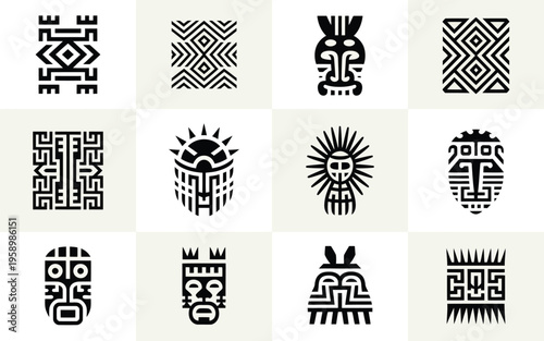 Tribal inspired patterns and animal masks in black on white and beige background
