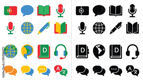 Collection of colorful and monochrome icons representing language learning, translation, and communication tools.