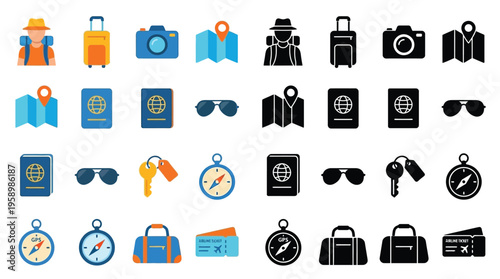 A collection of travel-related icons, including luggage, passports, cameras, maps, sunglasses, and compasses, presented in both color and silhouette.