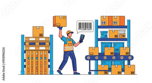 Warehouse worker scanning boxes on conveyor belt.