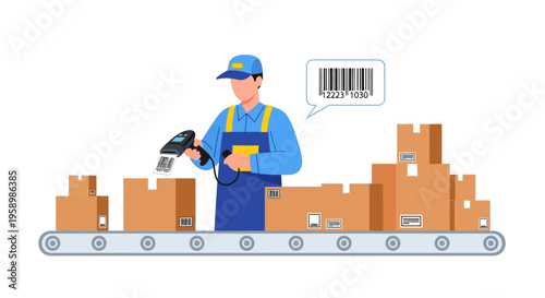 Warehouse worker scanning packages on a conveyor belt.