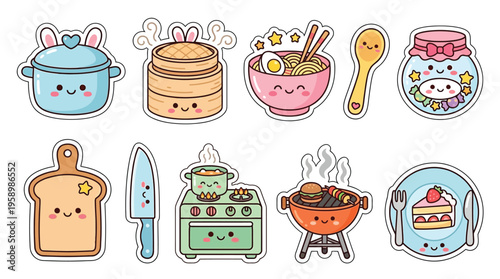 A collection of cute kawaii-style food and kitchen-related illustrations, featuring smiling pots, pans, bowls, and cooking appliances.