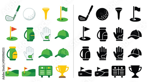 Collection of golf equipment icons, including clubs, balls, tees, flags, bags, gloves, hats, scorecards, and trophies, presented in both color and silhouette.