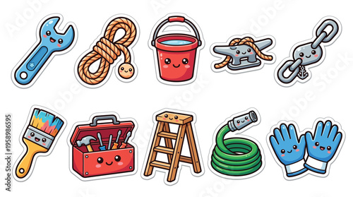 A charming collection of kawaii-style illustrations featuring various tools and equipment, each with a cute, anthropomorphic design.
