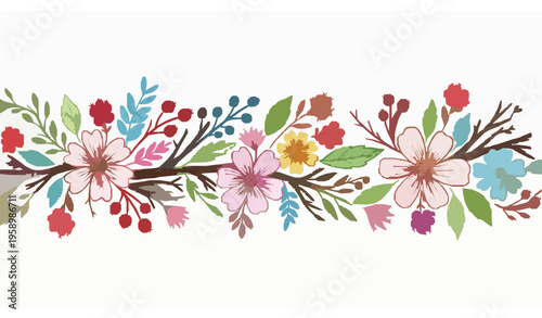 Primitive Crayon Floral Seamless Border Bright Doodle Vector Background