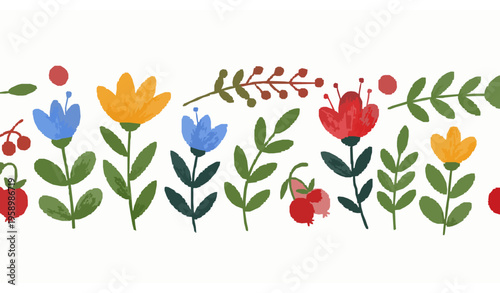 Crayon Floral Border Seamless Pattern Doodle Flowers Vector Illustration