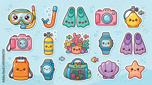 Collection of cute kawaii-style cartoon illustrations of scuba diving and snorkeling equipment, marine life, and beach accessories on a light blue background.