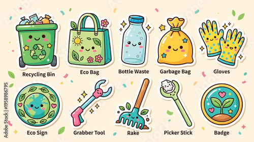A collection of cute, kawaii-style illustrations representing eco-friendly items and tools for recycling and environmental care.