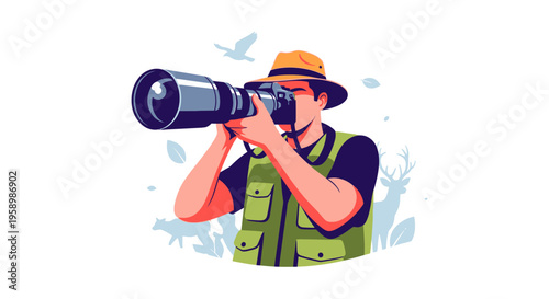 Wildlife photographer capturing a moment with a large camera.