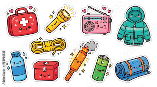 A collection of cute, kawaii-style illustrations of essential survival and emergency preparedness items, each with a smiling face.