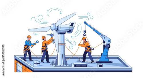 Wind Turbine Construction and Maintenance Workers Assembling Equipment.