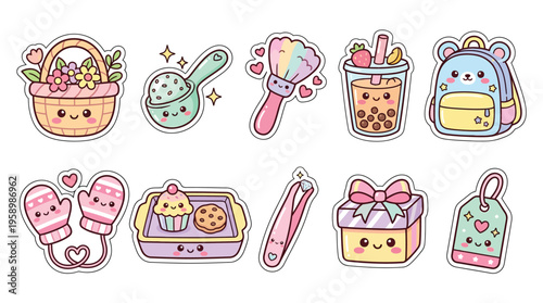 A charming collection of kawaii-style illustrations featuring cute, anthropomorphic objects like a basket, makeup brush, boba tea, backpack, mittens, baked goods, gift box, and tag.