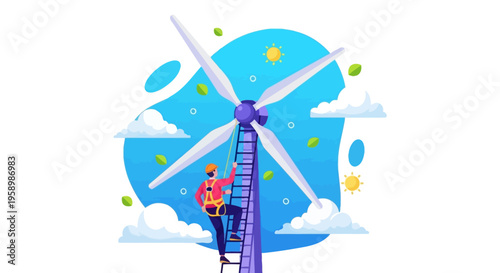 Wind turbine maintenance worker climbing ladder to repair blades.