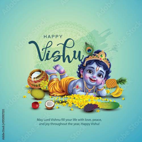 Happy Vishu greetings. April 14 Kerala festival with Vishu Kani. Abstract vector illustration design