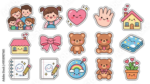A collection of adorable kawaii-style illustrations featuring a happy family, cute teddy bears, charming houses, a heart, a hand, a blanket, drawing supplies, and a rainbow with a pot of flowers.