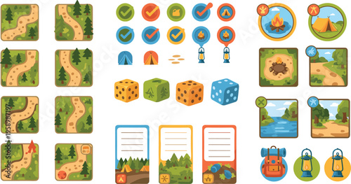 Adventure board game elements set with map tiles dice icons and camping items, fantasy exploration flat vector illustration collection for game design