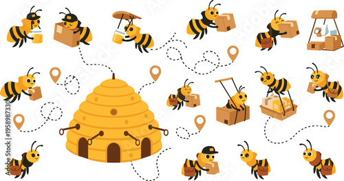 Bee delivery and logistics concept with hive shipping boxes and routes, cartoon insects working service flat vector illustration collection for business design