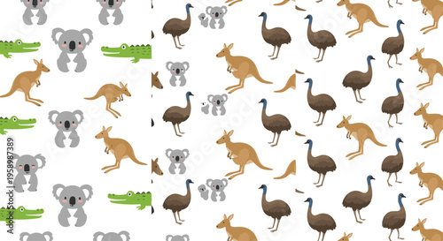 Australian animals seamless patterns set with kangaroo koala crocodile and emu, cute wildlife backgrounds flat vector illustration collection for textile design