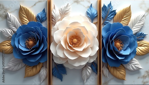 Triptych art showcases large blue and white flowers with gold and silver leaves. Elegant floral design on marbled background. Three panels create decorative wall art.