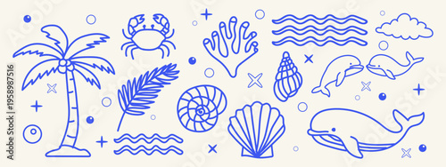 Set of cute marine life and tropical beach elements, hand drawn vector illustration