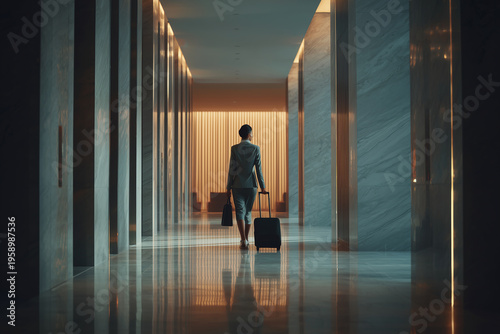 A professional business traveler stands in a modern hotel corridor holding a wheeled suitcase.