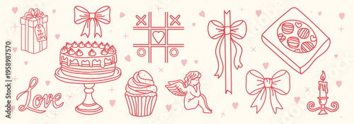 Set of hand drawn valentines day elements, romantic doodles, vector illustration