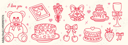 Set of cute romantic elements for valentines day, wedding or anniversary, handdrawn vector illustration