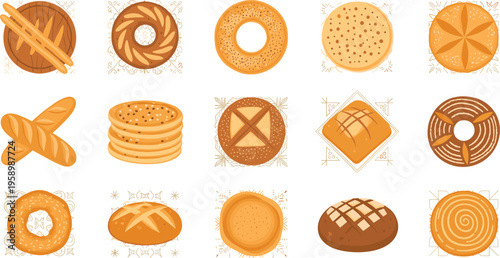 Bread and bakery products top view set with buns bagels loaves and pastries, baked goods flat vector illustration collection for food design