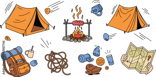 Camping equipment set with tent campfire backpack and map, outdoor adventure gear flat vector illustration collection for hiking travel design