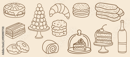 Set of hand drawn bakery items, delicious desserts and sweet pastries vector illustration