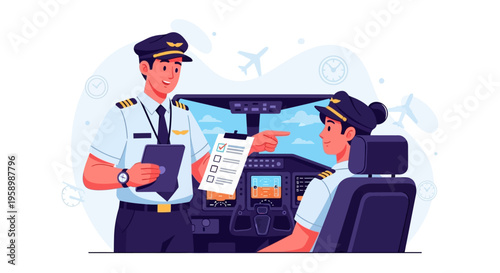 Two pilots in airplane cockpit discussing flight plan.