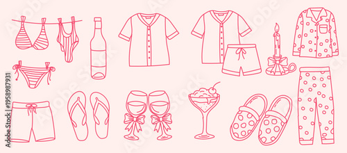 Set of handdrawn vacation and sleepwear items including swimwear, pajamas, and drinks