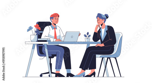 Two professionals in a business meeting discussing work.