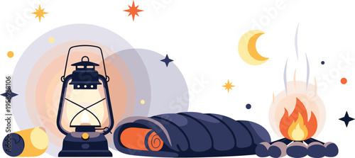 Camping night scene with lantern sleeping bag and campfire under stars, outdoor adventure flat vector illustration for travel and nature design