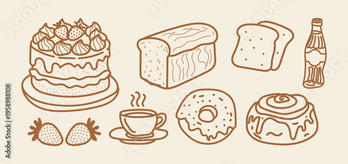 Set of hand drawn bakery and breakfast items, cake, bread, coffee, donut, cinnamon roll