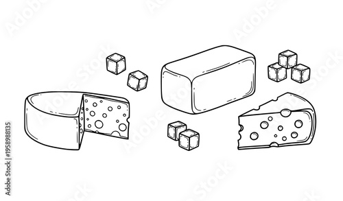 Minimal hand drawn cheese icons black outline dairy vector illustration set