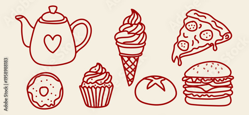 Set of cute handdrawn food and drink icons including teapot, ice cream, pizza, donut, cupcake, bread, and burger