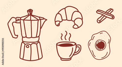 Set of handdrawn breakfast icons with moka pot, coffee cup, croissant, egg and cinnamon