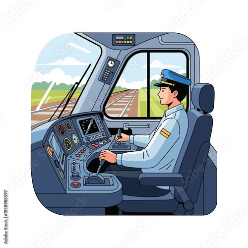 Train Driver Operating Controls in Modern Locomotive Cabin.
