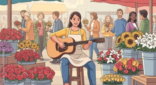 Young woman playing guitar at flower market stall.