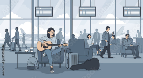 Young woman playing guitar in airport terminal.