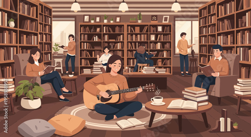Young woman playing guitar in cozy library setting 1.