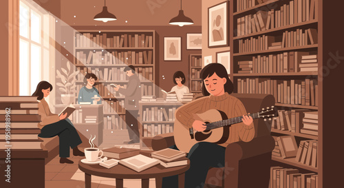 Young woman playing guitar in cozy library setting.